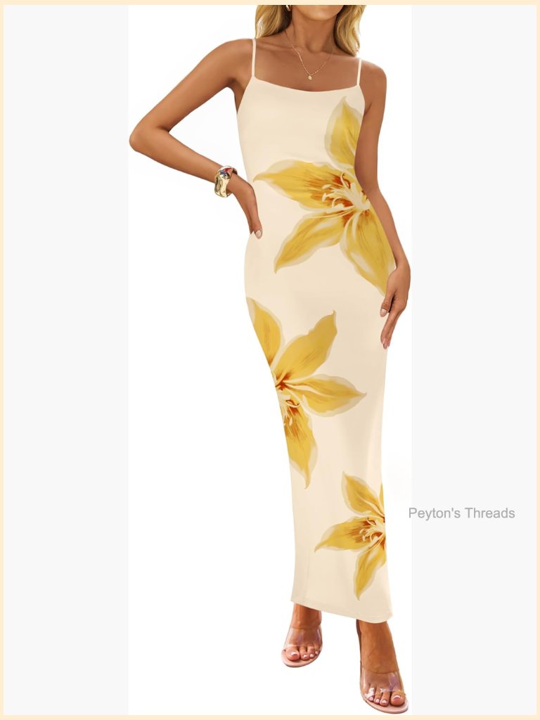 Sleeveless Bodycon Maxi Dress With Floral Print Square Neck Spaghetti Strap